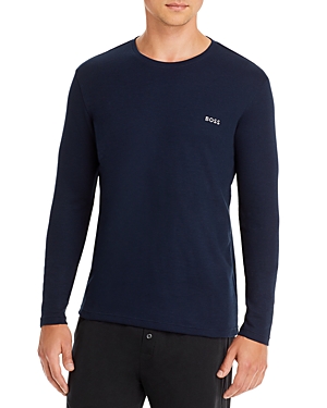 Hugo Boss Cotton Blend Waffle Knit Embroidered Logo Long Sleeve Tee In Navy Blue