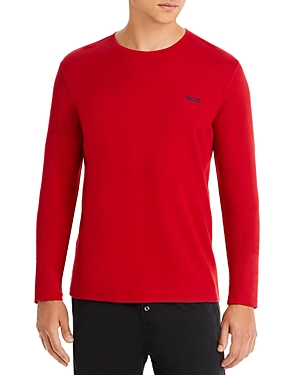 Hugo Boss Cotton Blend Waffle Knit Embroidered Logo Long Sleeve Tee In Red