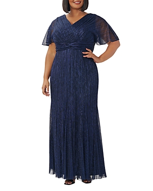 Adrianna Papell Plus Metallic Crinkle Lame Gown In Navynight