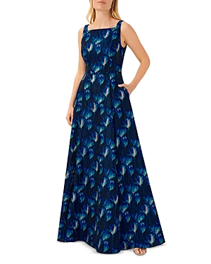 Aidan Mattox Square Neck Floral Jacquard Gown In Blue Multi