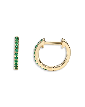 14K Yellow Gold Emerald Huggie Hoop Earrings