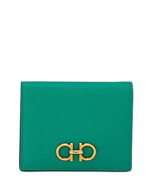 Ferragamo Leather Folding Wallet In Emerald/gold