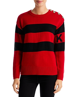 Karl Lagerfeld Paris Striped Button Shoulder Logo Sweater