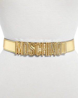 Moschino Women's Crystal Logo Buckle Leather Belt In Gold
