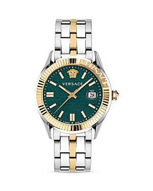 Versace Greca Logo Two-tone Stainless Steel Bracelet Watch In Green/silver/gold