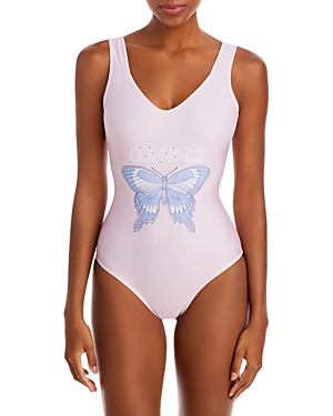 Ganni Butterfly Graphic Embellished One Piece Swimsuit
