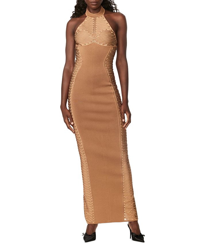 Hervé Léger x Law Roach Ribbon Embroidered Halter Gown