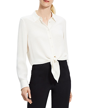 Theory Long Sleeve Button-up Tie Waist Silk Blouse In Ivory