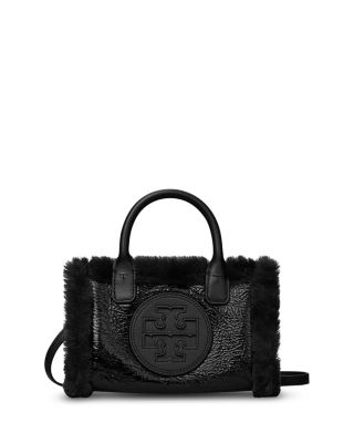 Tory Burch Blake Patent Leather Shearling Small Tote Crossbody In Black