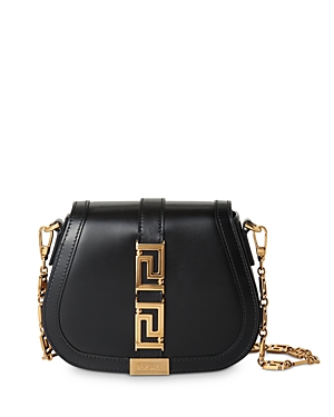 Shop Versace Greca Goddess Medium Leather Shoulder Bag In Black/ Gold
