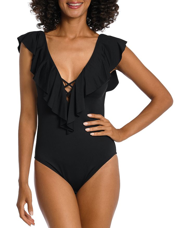 La Blanca Ruffled V Neck One Piece Swimsuit Bloomingdale s