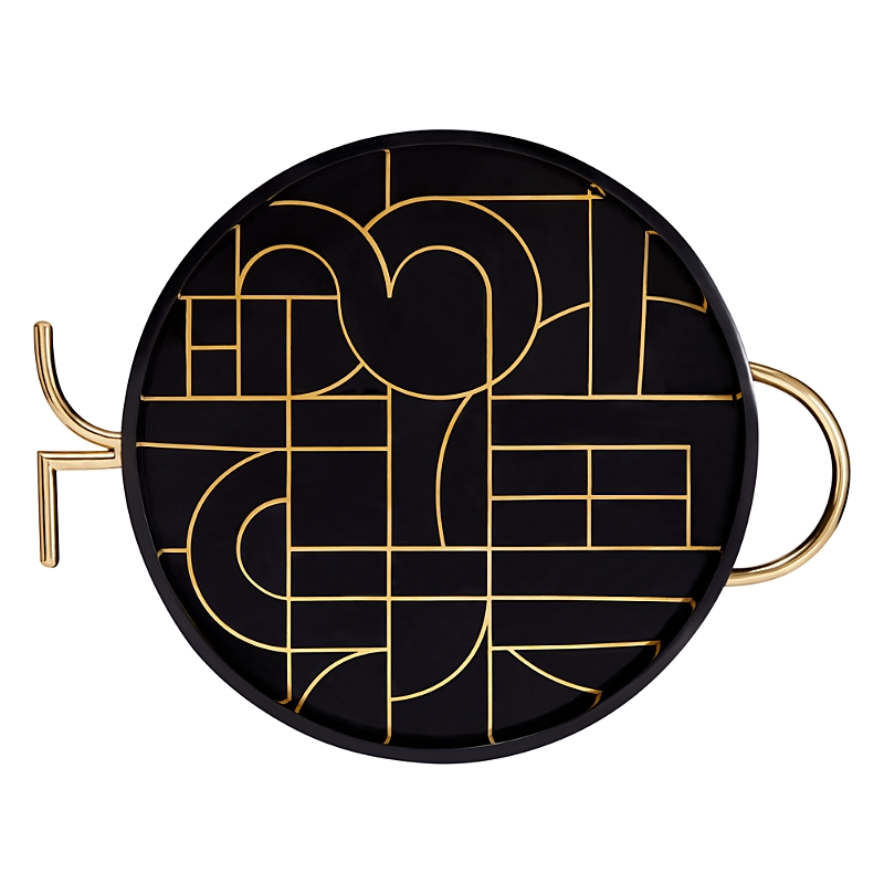 L'objet Kelly Behun Decorative Round Tray, 16" In Black/gold
