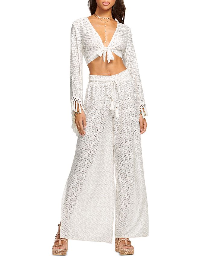 Shop Ramy Brook Elvira Lace Bell Sleeve Cover-up Top In White/gold