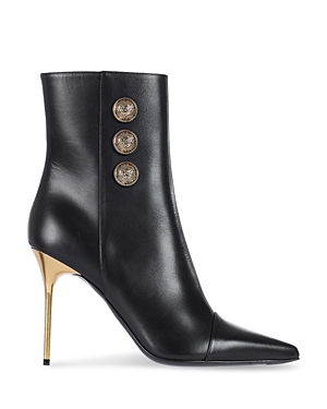 Balmain Women's Pointed Toe Logo Accent High Heel Ankle Booties In Black