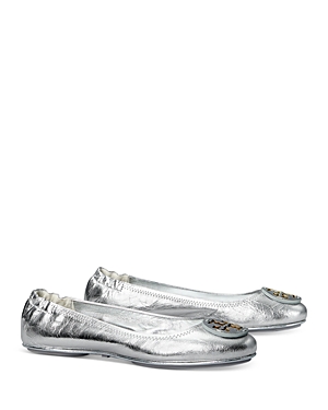 Tory Burch Mini Travel Metallic Leather Ballet Flats In Silver