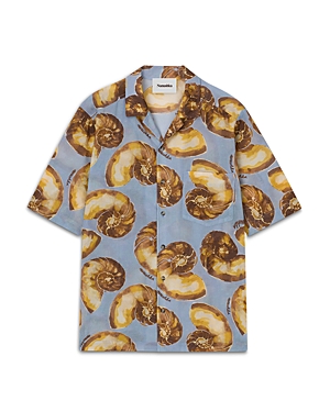 Nanushka Bodil Cotton Nautilus Print Loose Fit Button Down Camp Shirt In Shell Blue