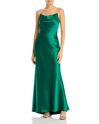 green emerald velvet dress Charmeuse Satin Cowl Neck Column Dress with Rhinestone Straps Petite / 4 / Emerald main image 1
