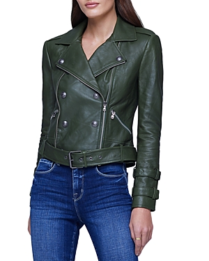 L Agence Billie Belted Leather Jacket In Dark Moss