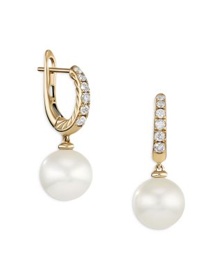 18K Yellow Gold Cultured Freshwater Pearl & Diamond Dangle Hoop Earrings