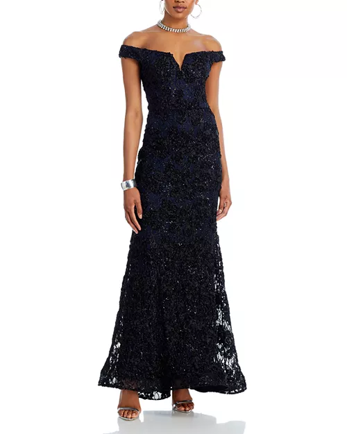 off-the-shoulder embellished lace gown - exclusive