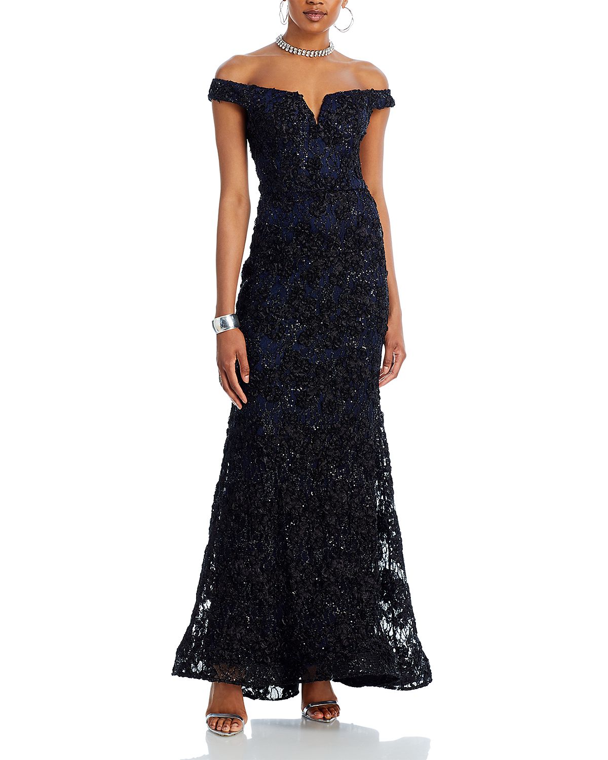 Aqua Off-the-Shoulder Embellished Lace Gown - Exclusive