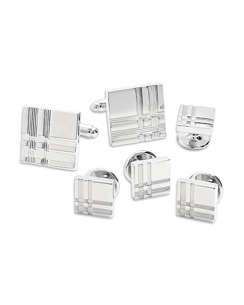 Link Up Tartan Plaid Stud & Cufflink Set In Silver