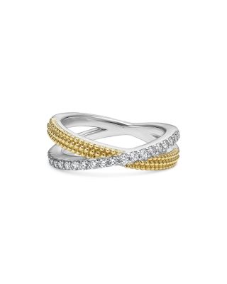 18K Yellow Gold & Sterling Silver Caviar Diamond & Bead Crossover Ring