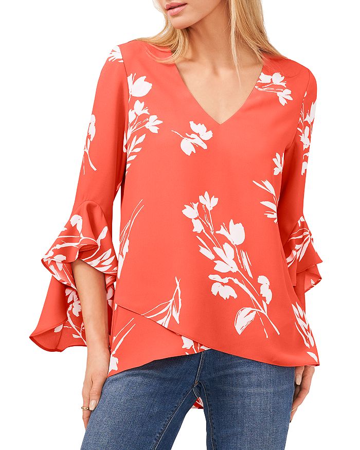 Vince Camuto Floral Print Trumpet Sleeve Top In Radiant Orange