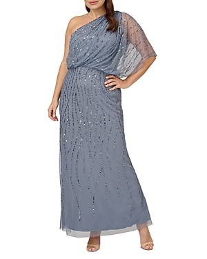 Adrianna Papell Plus Long Beaded Dress In Dusty Blue