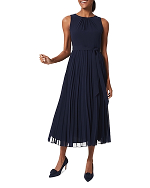Hobbs London Blythe Belted Pleated Dress In Midnight Navy