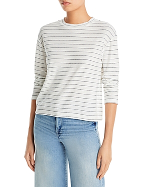 Vince Reverse Stripe Long Sleeve Crewneck Cotton Top In Off White/ Coastal