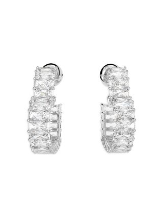 Matrix Baguette Crystal Small Heart Hoop Earrings in Rhodium Plated 