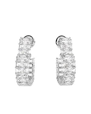 Shop Swarovski Matrix Baguette Crystal Small Heart Hoop Earrings In Rhodium Plated In Silver