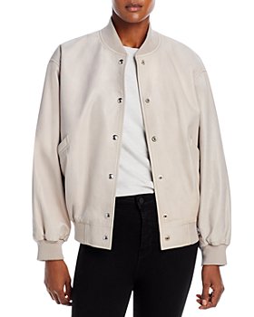 Women's Black Leather Bomber Jacket, White Dress Shirt, Grey