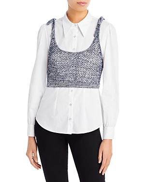 Cinq À Sept Elodie Tie Strap Open Stitch Crop Sweater Tank In Navy/white