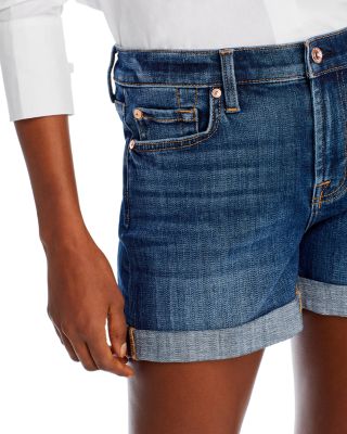 Cotton Blend Mid Rise Rolled Cuff Shorts in Broken Twill