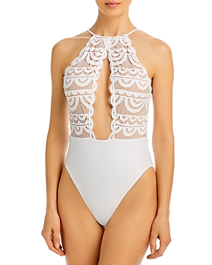 Keyhole Bridal Lace Halter One Piece Swimsuit