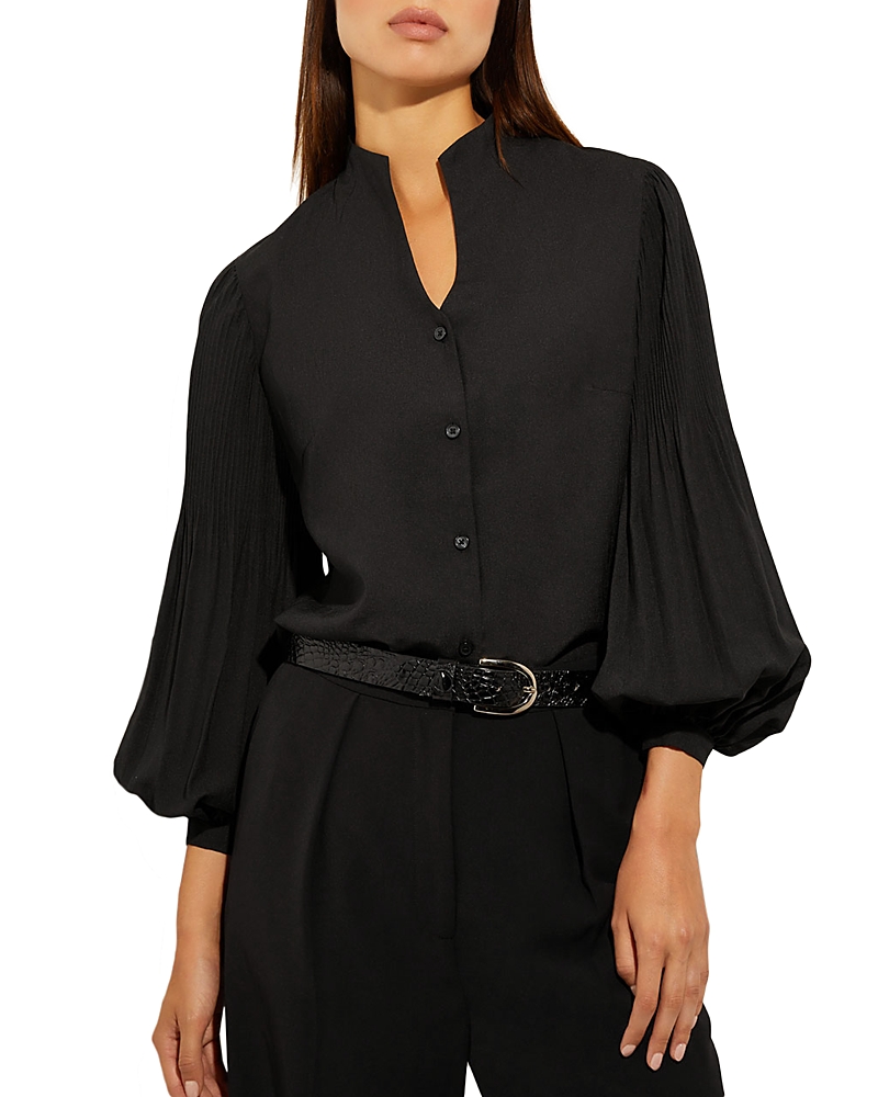 Misook Pleated-sleeve Split-neck Blouse In Black