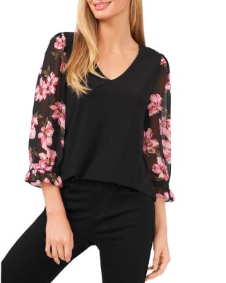 CeCe - Mixed Media Floral Sleeve Top