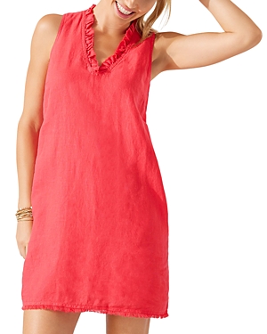 Tommy Bahama Two Palms Ruffle V-neck Linen A-line Dress In Red Flash