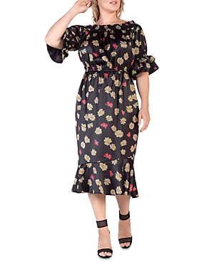 Satin Floral Print Midi Dress