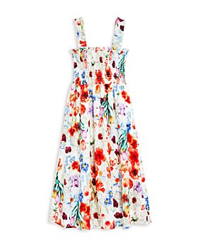 AQUA - Girls' Floral Print Smocked Midi Dress, Little Kid, Big Kid - 100% Exclusive