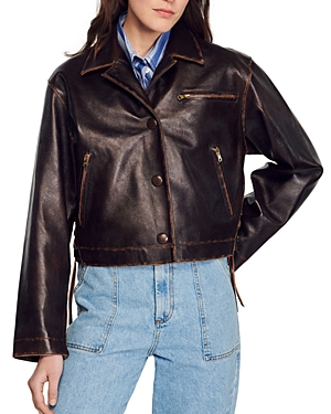 Shop Sandro Jude Leather Jacket In Black Brow
