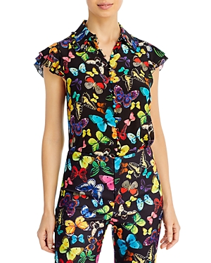 Alice and Olivia Martell Butterfly Print Silk Flutter Sleeve Top