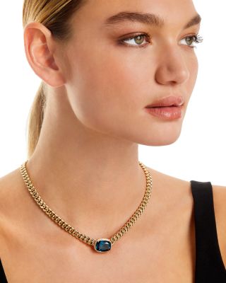 Blue Topaz & Diamond Bold Chain Link Statement Necklace in 14K Yellow Gold, 17" 