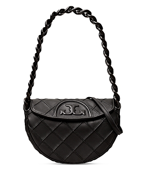 Shop Tory Burch Mini Fleming Soft Crescent Bag In Black/black