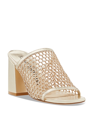 Stuart Weitzman Cayman Glitter Mesh Block-heel Mules In Platino