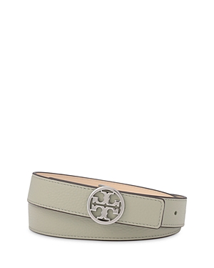 Tory Burch Miller Logo Leather Skinny Belt In Pine Frost