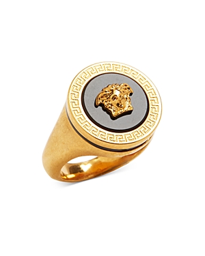 Versace Medusa Enamel Signet Ring In Black-tribute Gold