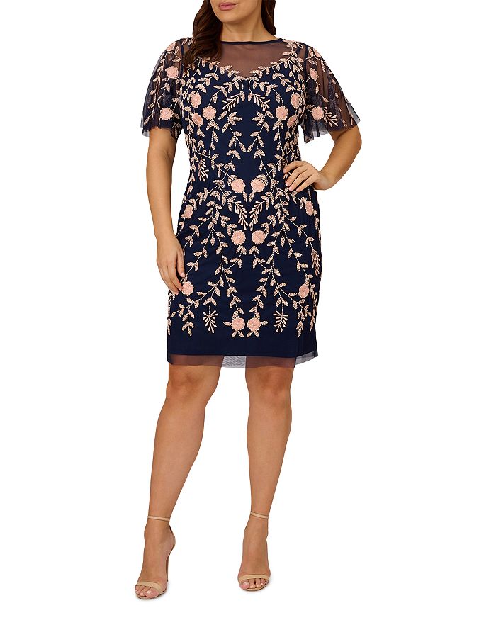 Adrianna Papell Plus Floral Embroidered Flutter-Sleeve Dress ...